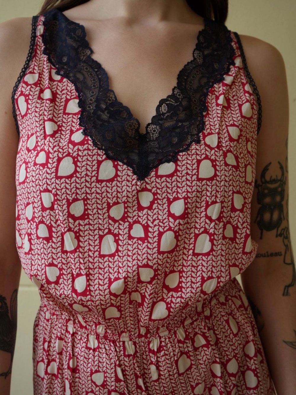 Stella McCartney Red Heart-Print Lace-Trim Romper Pajama - Women